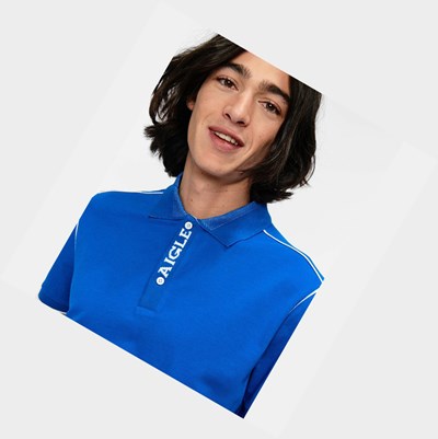 Aigle Basic Cotton Men's Polo Shirts Blue | 257-UMCQBL