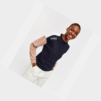 Aigle Colour-block Fleece Women's Jumpers Navy / Coral / White | 417-MCQXOW