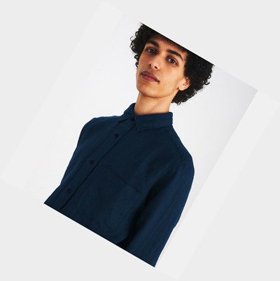 Aigle Lightweight Linen Men's Shirts Navy | 123-SHPLVQ