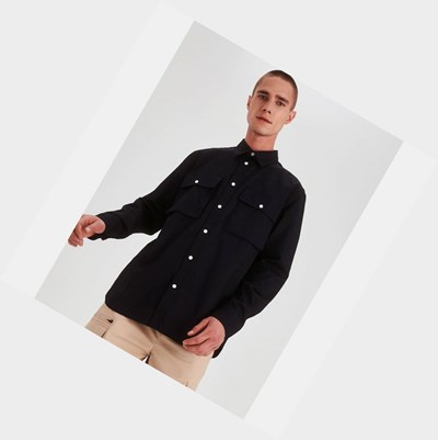 Aigle Long-sleeved Cotton Men's Shirts Black | 207-GXMAWP