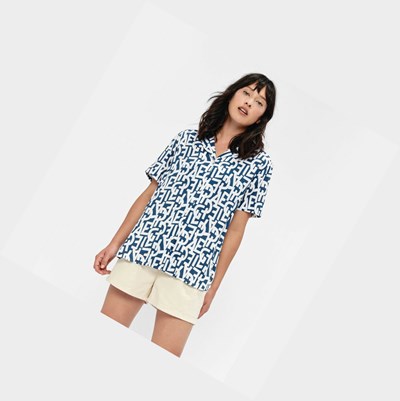 Aigle Short-sleeved Printed Blouse Women's Shirts White / Blue | 980-KYFDIQ