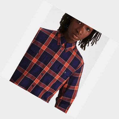 Aigle The Double-pocket Check Men's Shirts Navy / Red / Orange | 721-ETSAIW